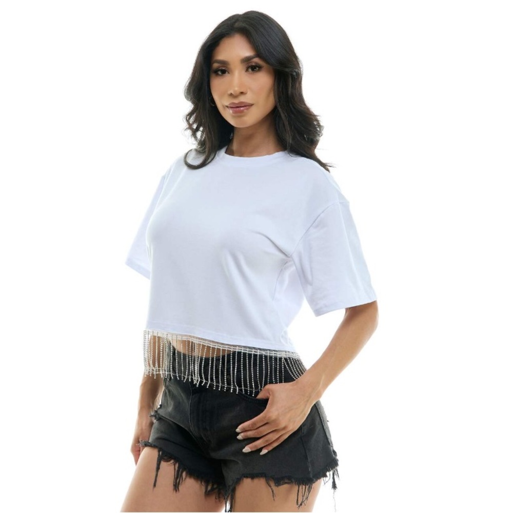 Women's White Rhinestone Fringe T-Shirt